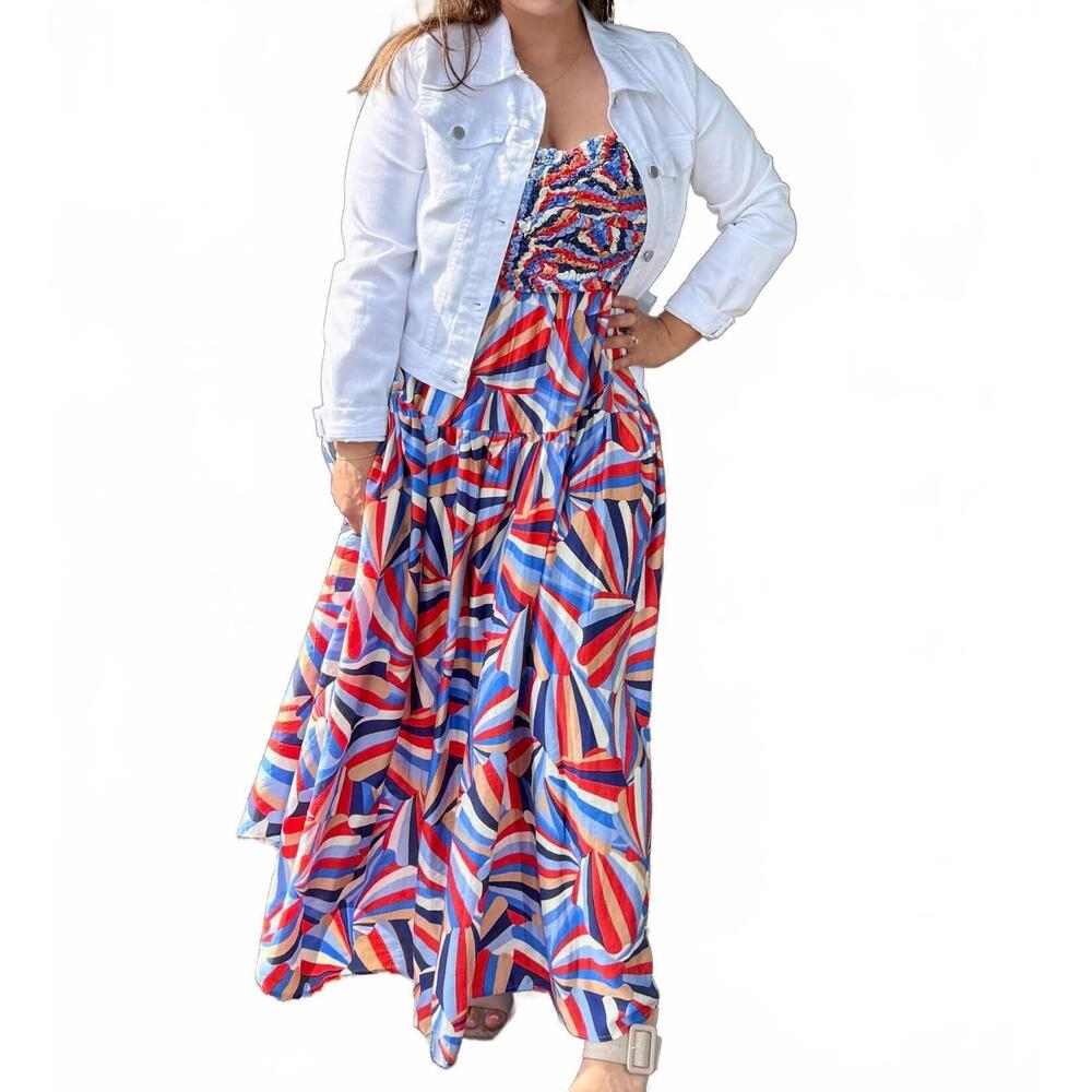 NEW SKIES ARE BLUE printed tiered midi dress in multi - Picture 8 of 9